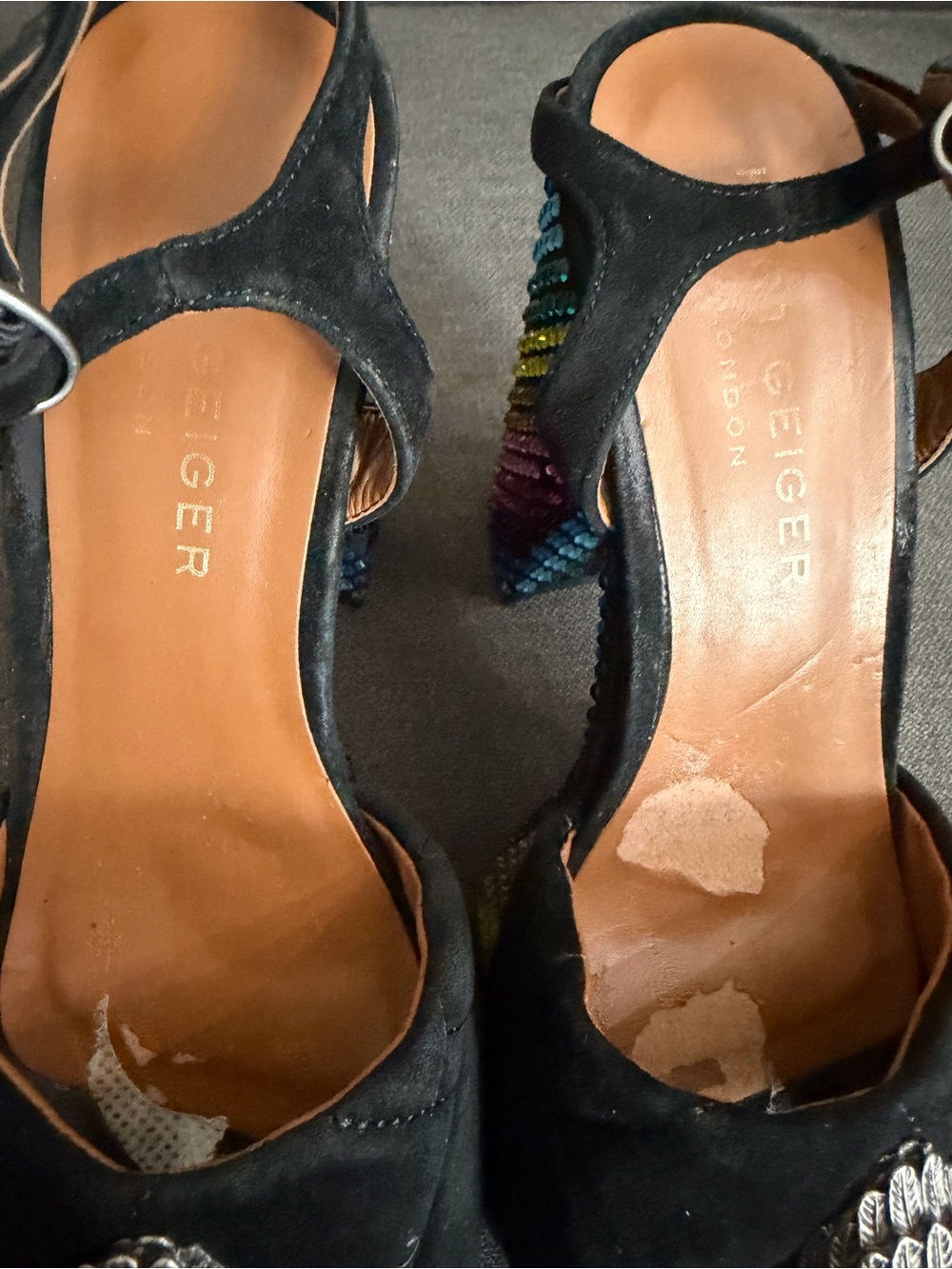 Kurt Geiger Black Suede Platform Sandals with Multicolor Rainbow Crystal Heel - Picture 4 of 7